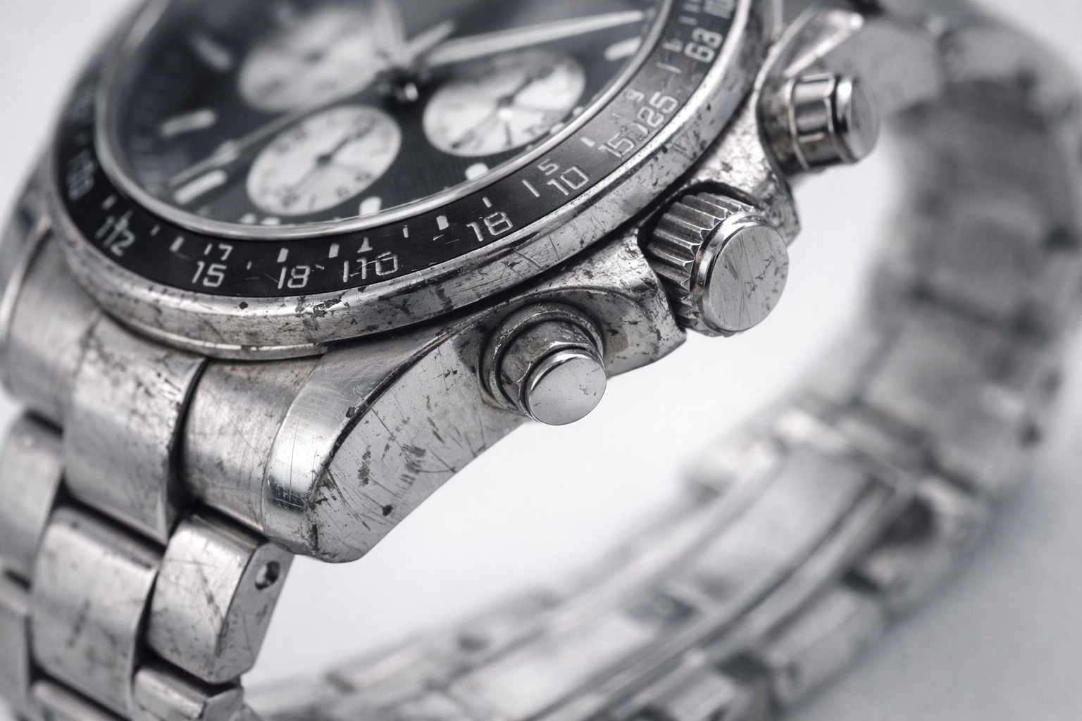 Scratched watch case before restoration