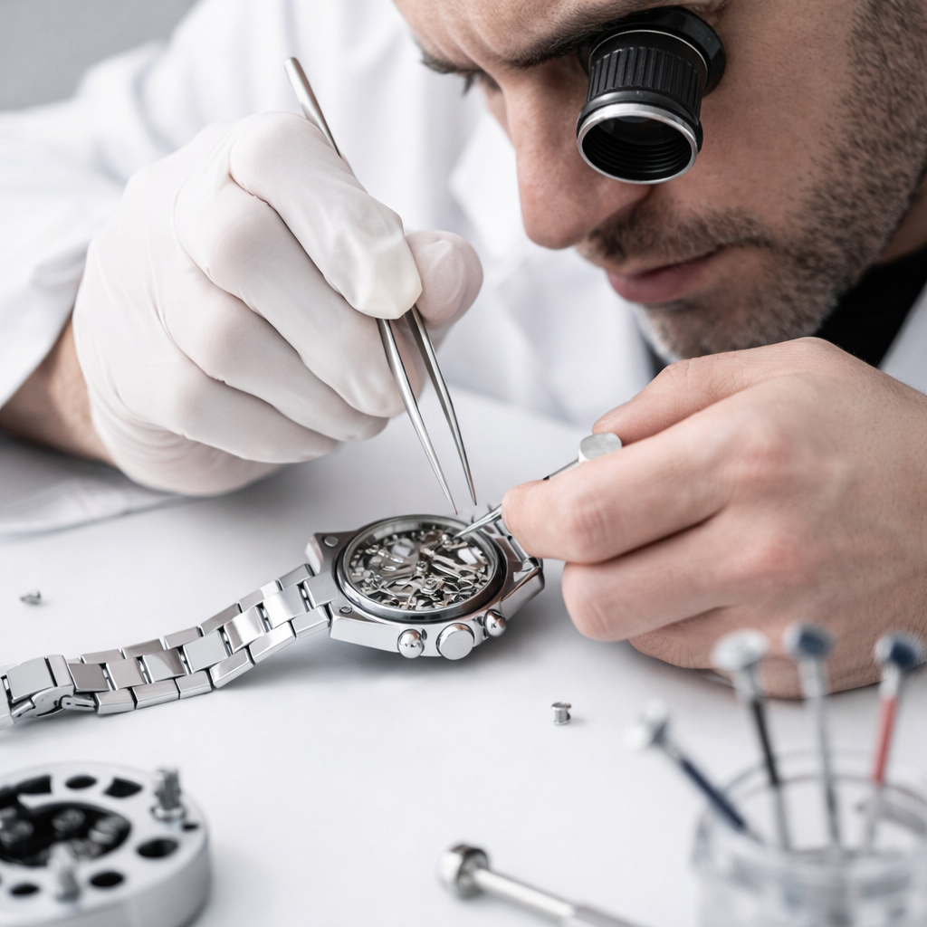 Watch technician working on detailed refinishing